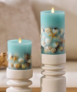 Soft Teal Embedded Seashell & Starfish Flameless Candle Pillar