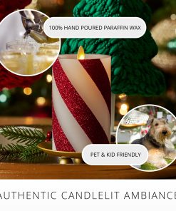 Red Candy Cane Wide Glitter Stripe White Flameless Candle Pillar
